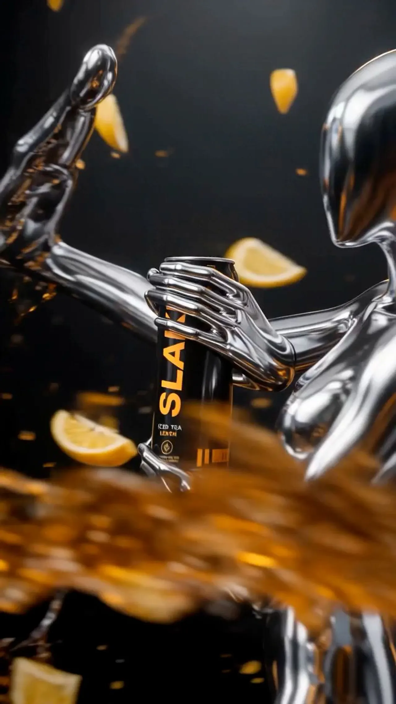 Fotogramma di un video in motion design: una figura in metallo cromato regge una lattina di tè freddo tra spicchi di limone e schizzi dorati